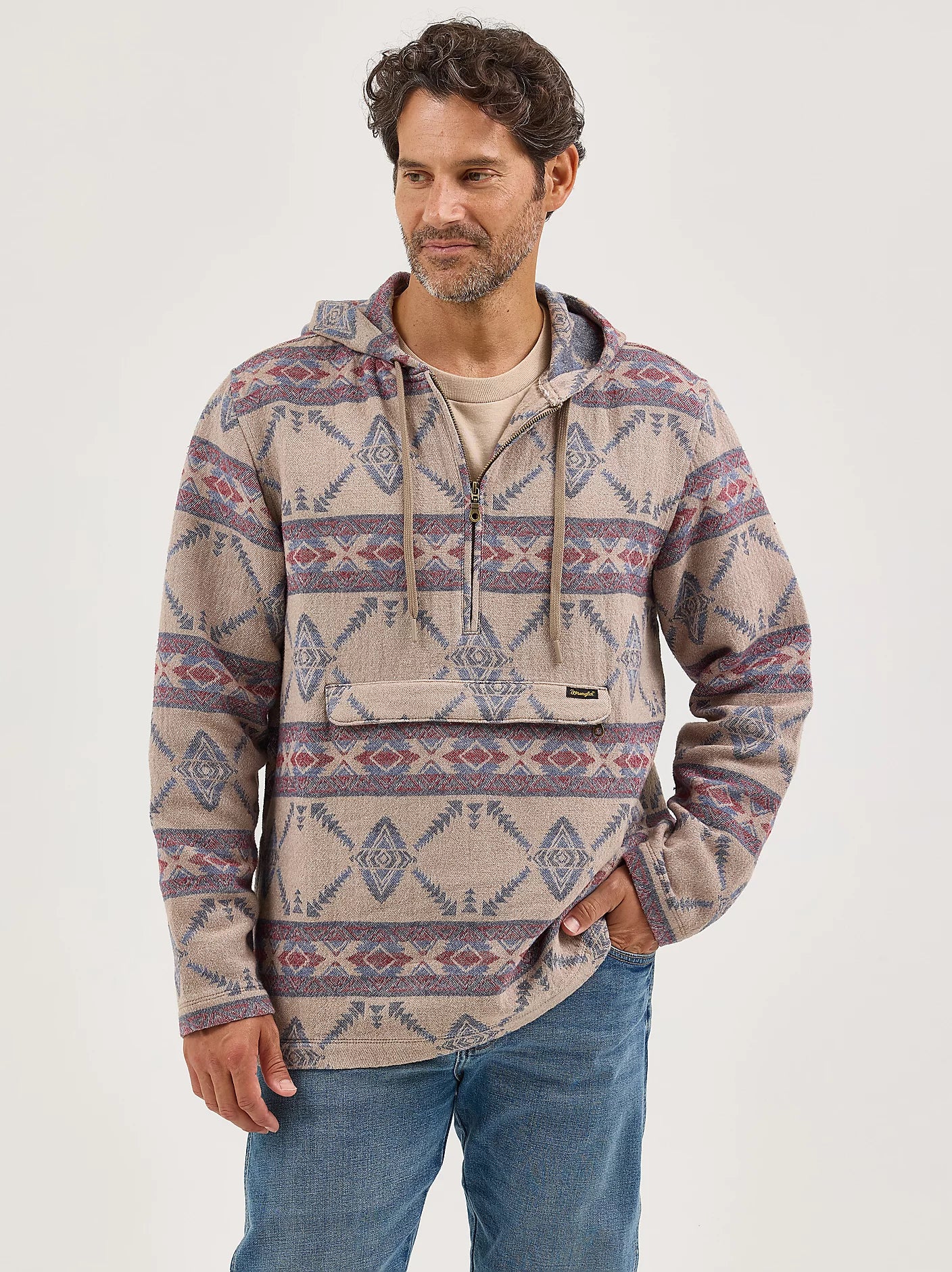 Wrangler Men's Jacquard Quarter Zip Desert Taupe Hooded Popover Jacket