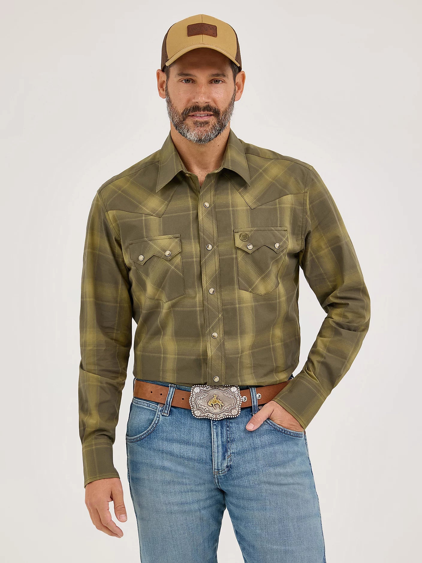 Men's Wrangler Retro Green Sawtooth Snap Pocket Western Shirt