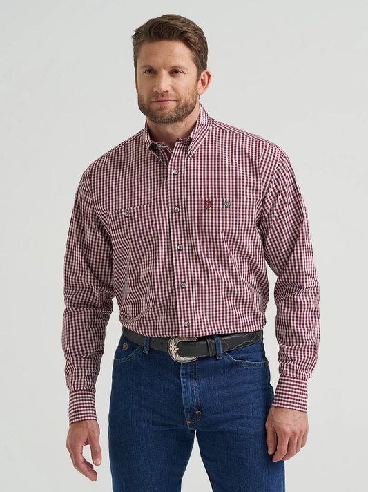 Wrangler Men's Burgundy Checks George Strait Long Sleeve Button Down Shirt