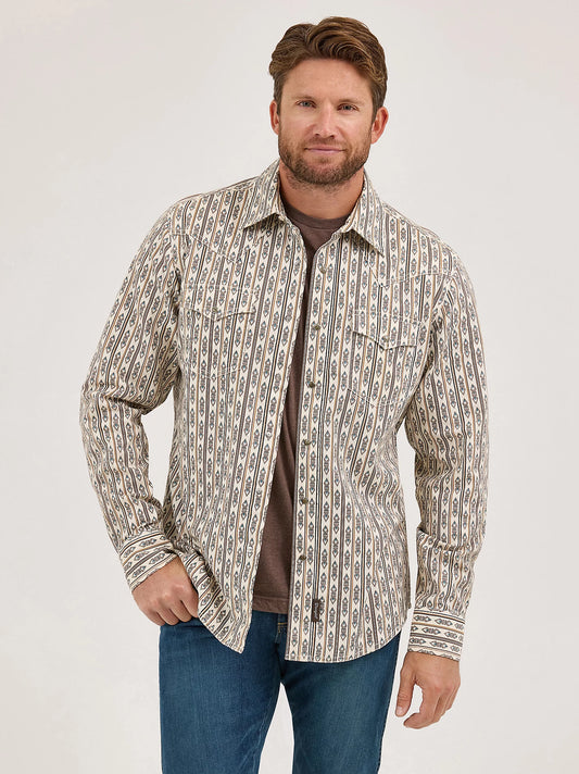 Men's Wrangler Retro Premium Ecru Stripe Western Snap Shirt