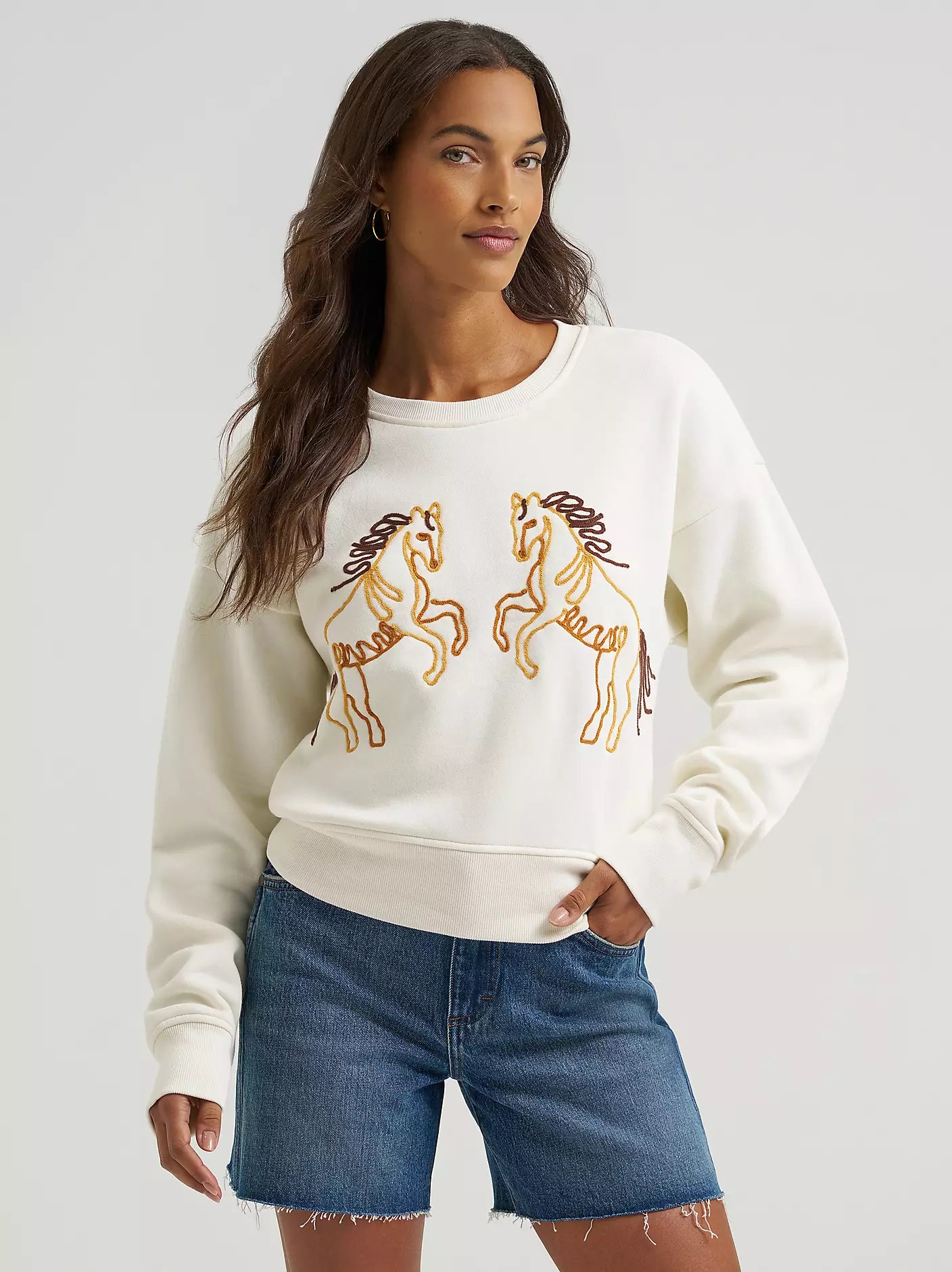 Wrangler Women's White Soutache Horse Crew Sweatshirt