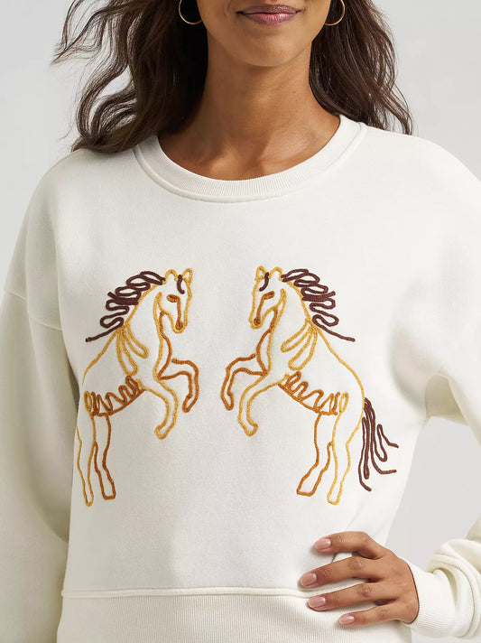 Wrangler Women's White Soutache Horse Crew Sweatshirt