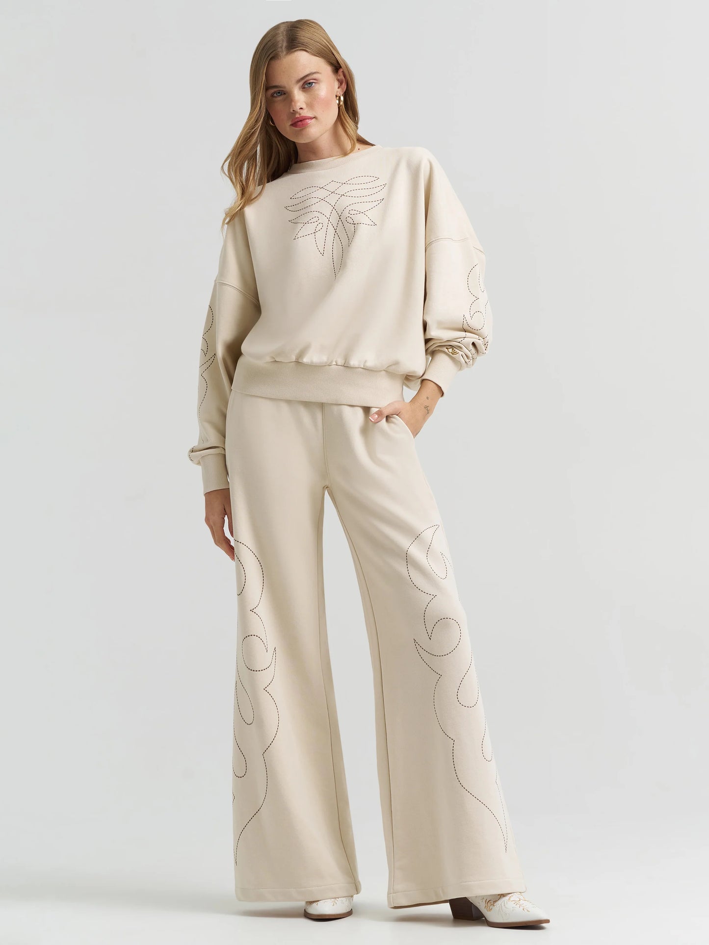 Wrangler X Lainey Wilson Cream Cowboy Wide Leg Sweatpants