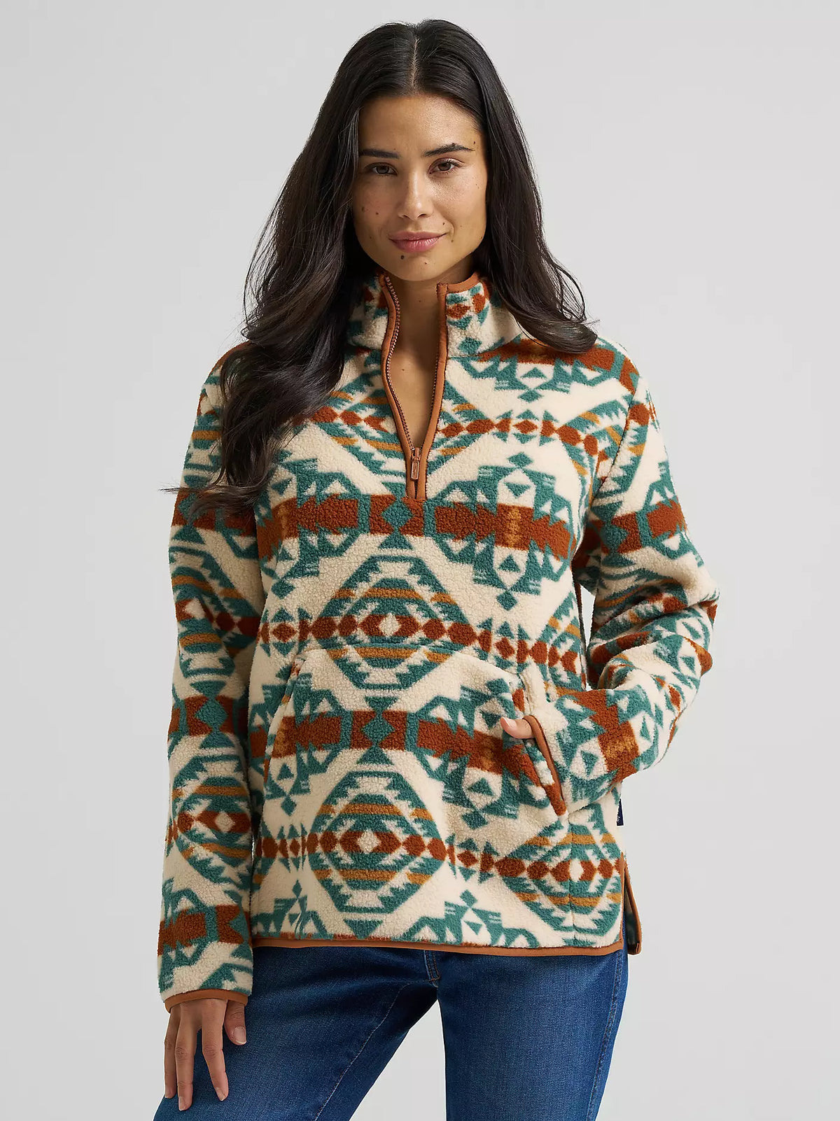 Wrangler High Plains Sherpa Pullover in cream, teal and rust print, front view on model