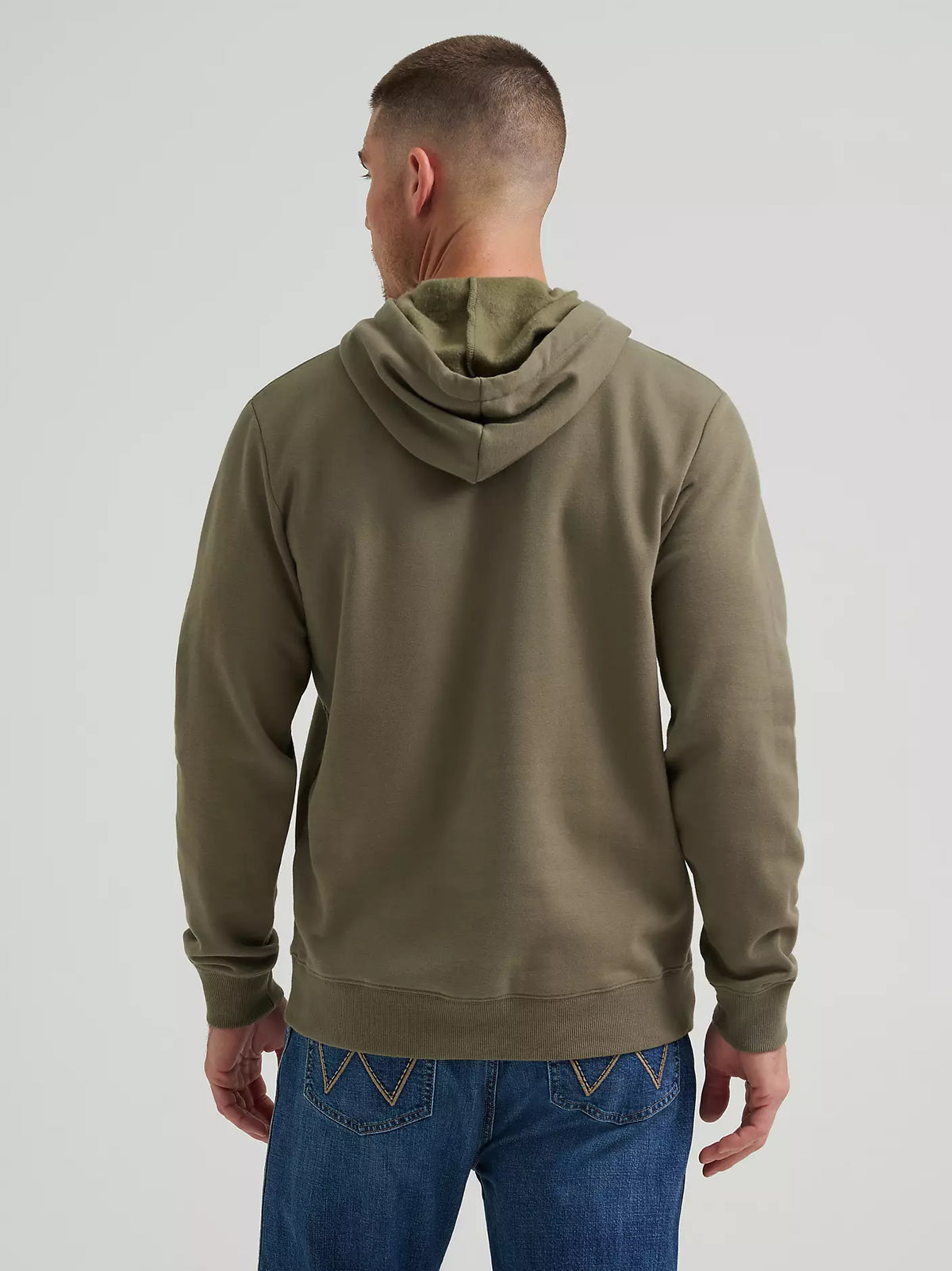 Wrangler Legacy script graphic hoodie in olive, back view