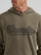 Wrangler Legacy script hoodie in olive, close-up of An American Legend script logo