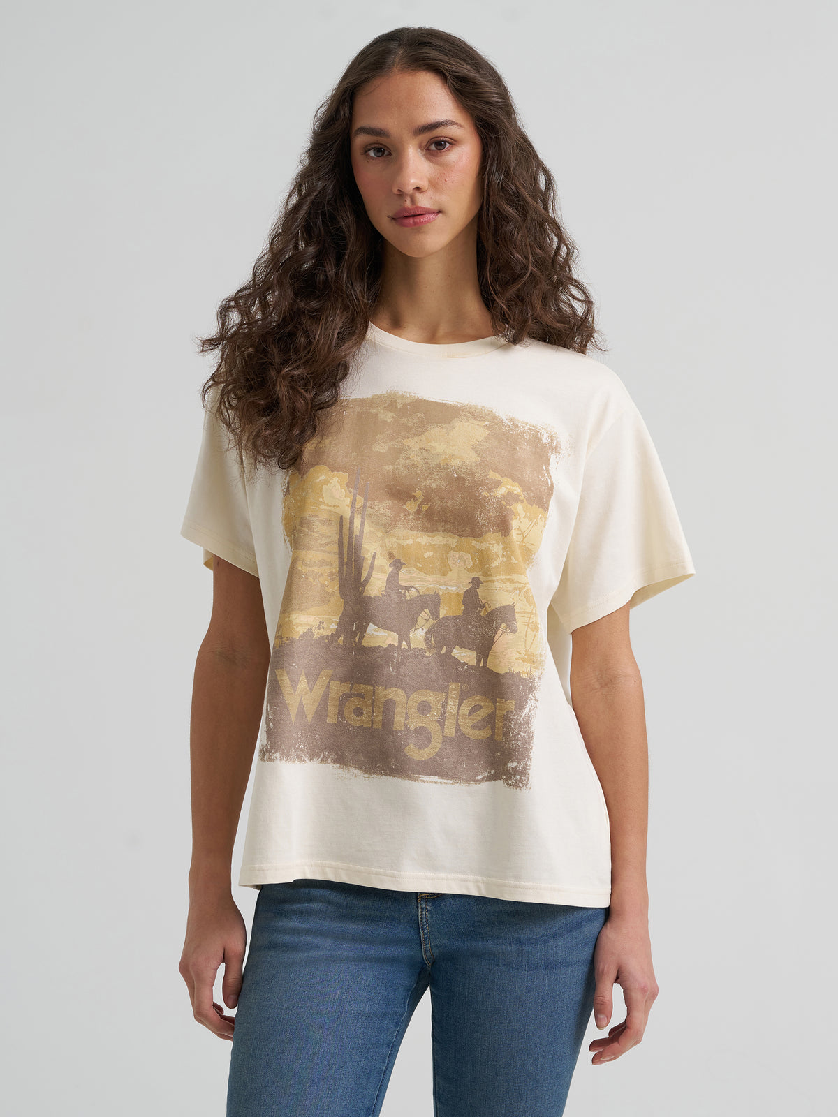 Wrangler Retro Western Graphic Tee in antique white, front view of the faded cowboy Wrangler print