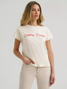 Wrangler Retro Cowboy Energy tee in white, front view on a model