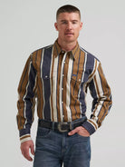 Wrangler Brushpopper western snap shirt in amber wheat stripe, front on model