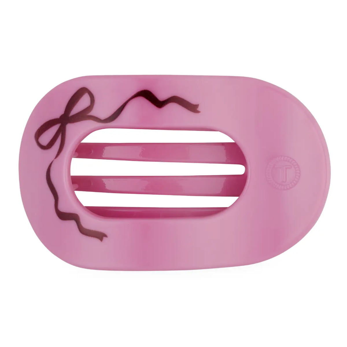 Teleties Just Add A Bow Medium Flat Round Hair Clip, pink with bow print, front view