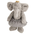 Plush elephant toy with a crown and sparkly skirt on a white background