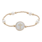 Beloved Tap To Pray bracelet with gold-tone beads, white pearl-like accents and a round cross centerpiece.