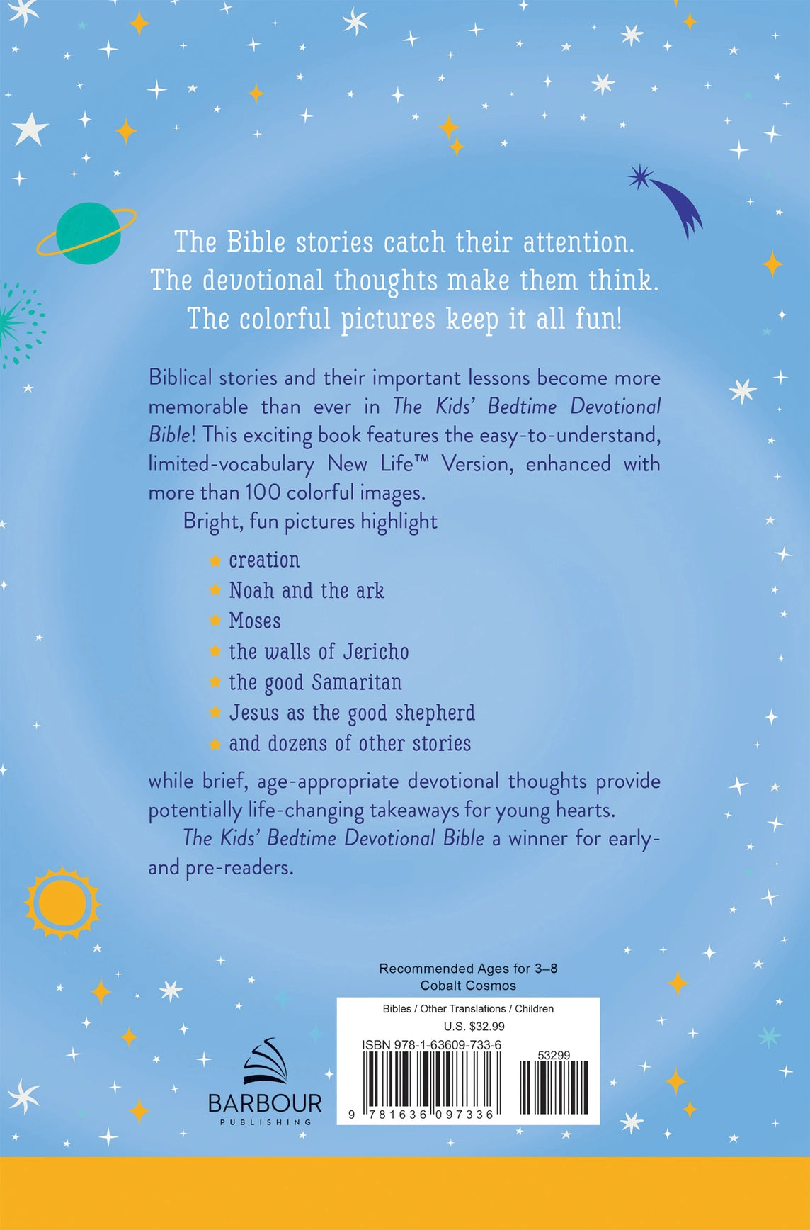 Kids' Bedtime Devotional Bible Cobalt Cosmos, back of box