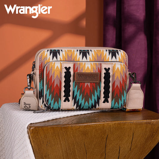 Wrangler Southwestern Tan Pattern Dual Sided Printed Crossbody Purse With Wallet Compartment