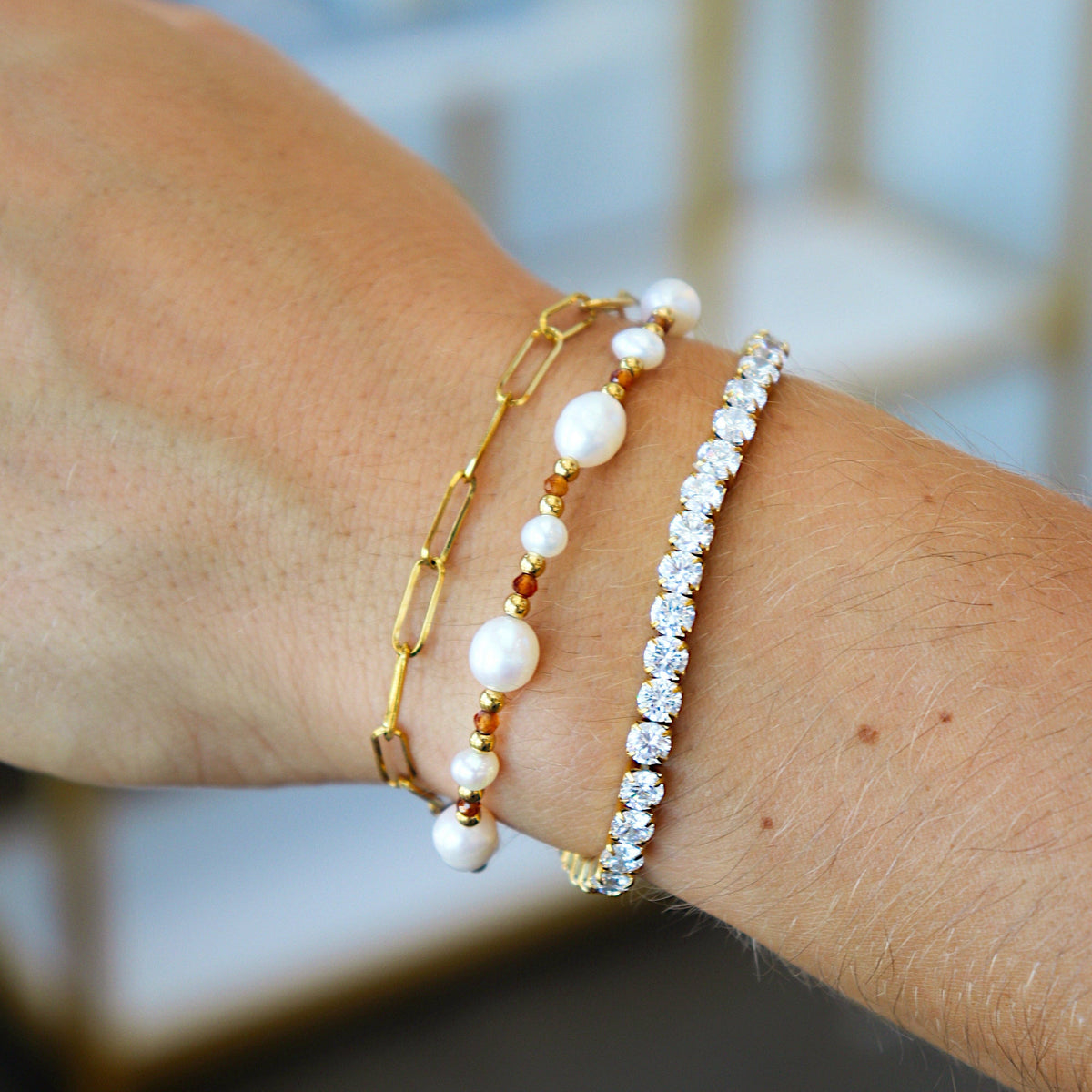 Waterproof Jackie Pearl Brown Bead Bracelet
