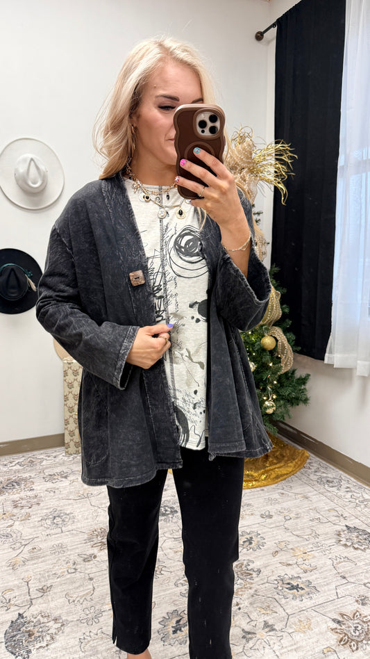 Jess & Jane Black Mineral Washed Fleece Cardigan