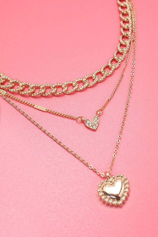 Gold Rhinestone Layered Heart Necklace