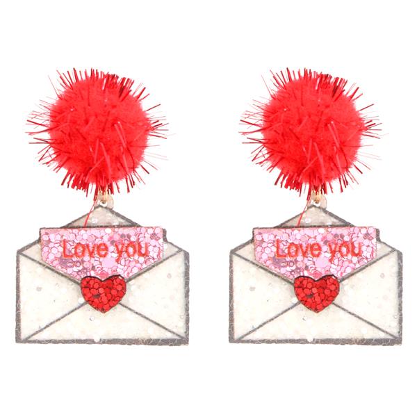 Love You Envelope Message Dangle Pom Pom Earring- Gold & White