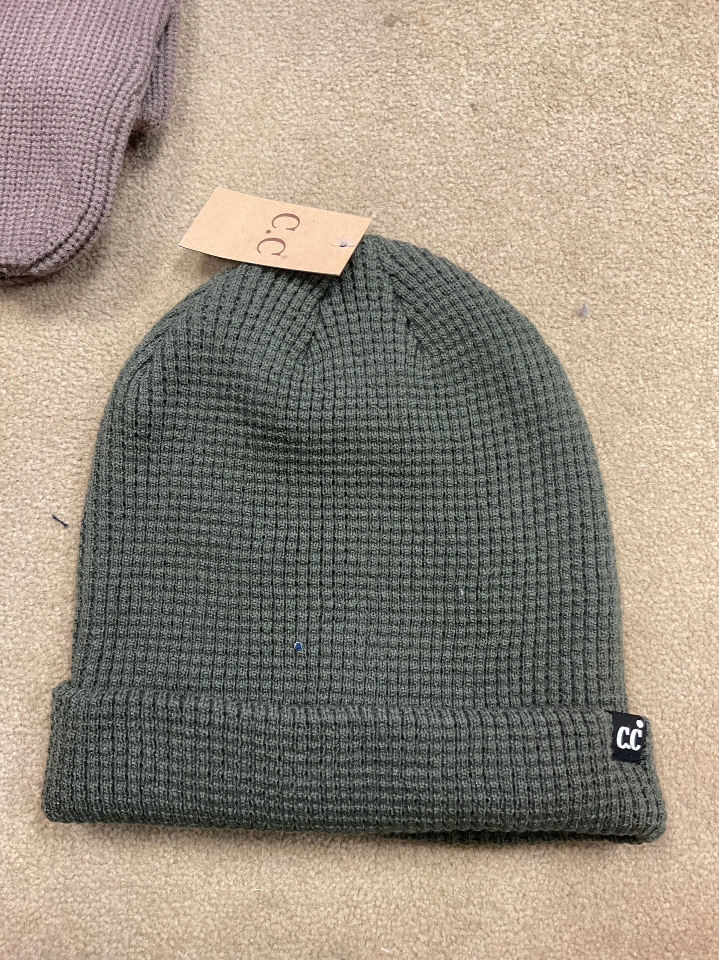 Unisex Waffle Knit Cuffed/Slouchy C.C. Beanie -Olive