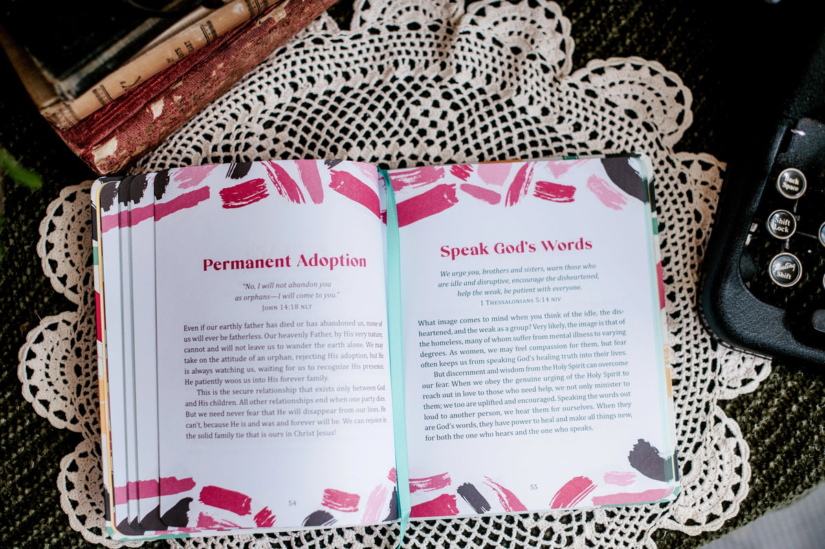 Devotions to Calm the Chaos, open to Permanent Adoption on a doily