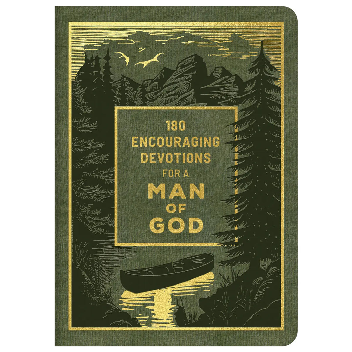 180 Encouraging Devotions for a Man of God, green front cover with lake and canoe