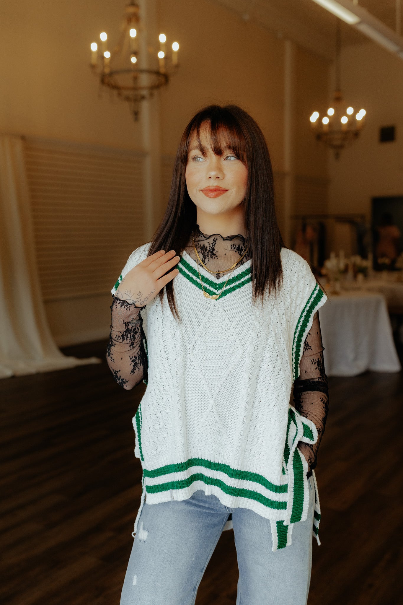 Calling It Off White & Green Sleeveless Sweater