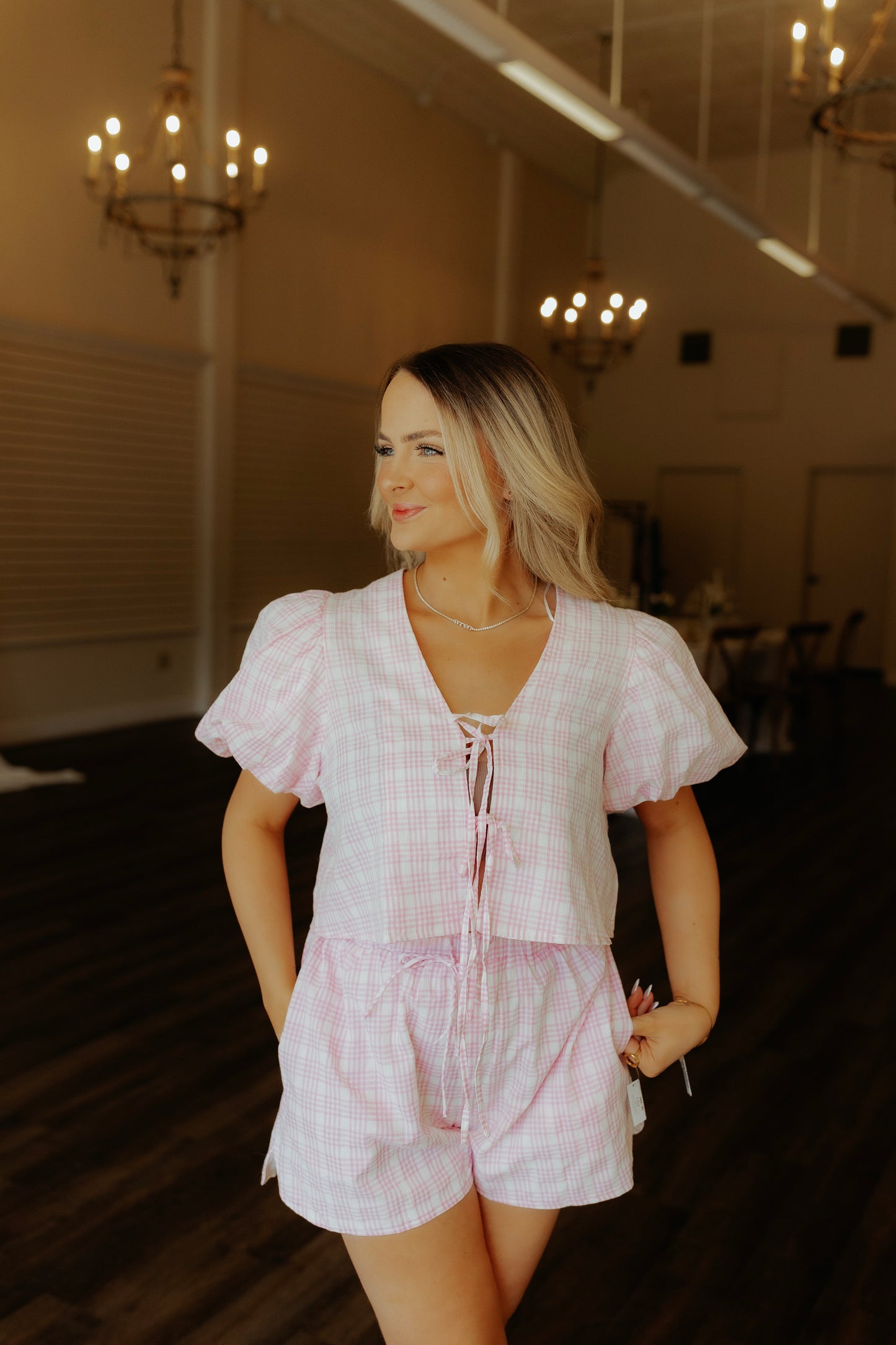 Summer Bliss Bow Pink Plaid Short Set