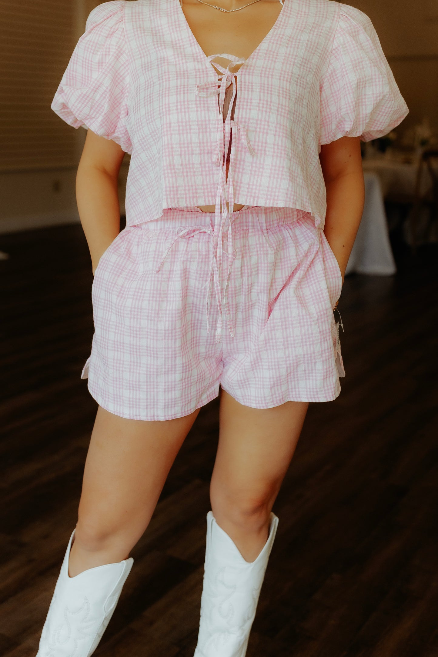 Summer Bliss Bow Pink Plaid Short Set