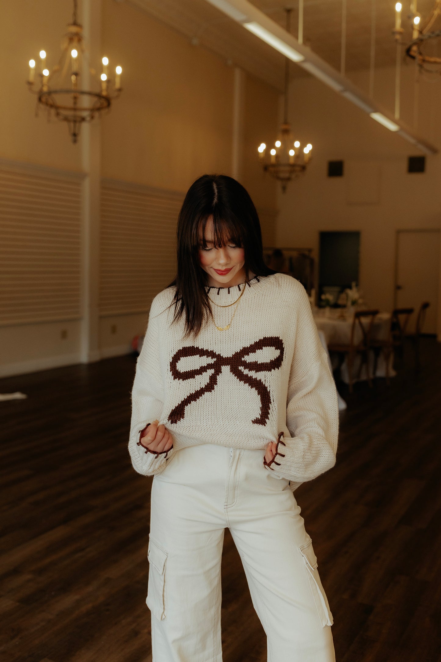 All The Buzz Beige Brown Bow Sweater