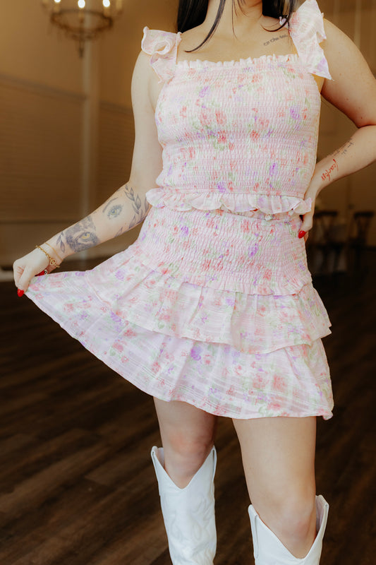 Blossoming Charm Smocked Pink Floral Skirt