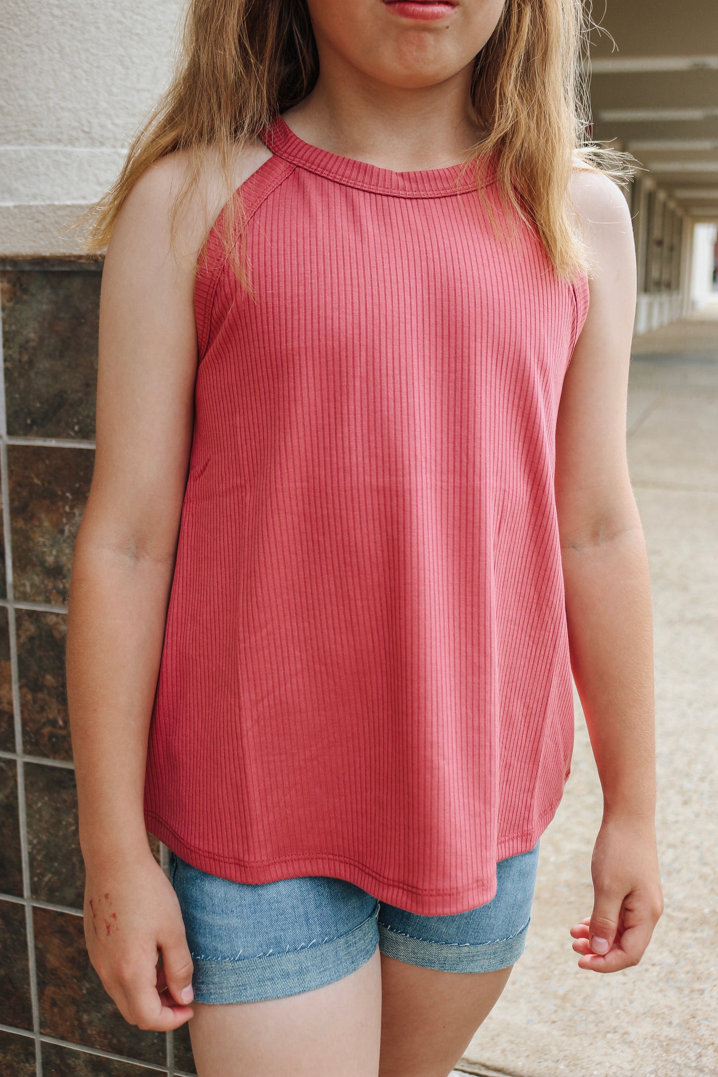 Girls Dark Blush Ribbed Tank