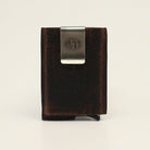 3D men's brown leather RFID smart wallet with silver money clip, front view