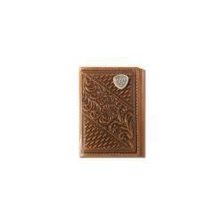 Ariat Mens Trifold Style Wallet Basket Weave Floral Shield Tan