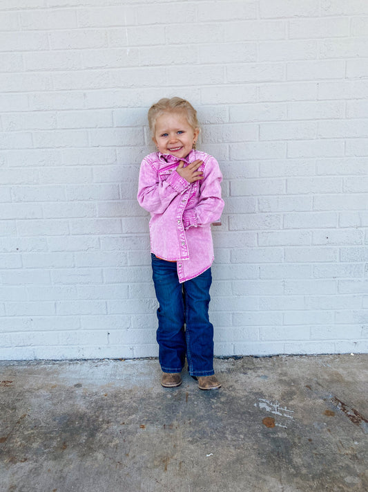 Wrangler Girl's Vintage Inspired Western Snap Work Shirt- Pink