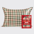 Kitsch standard satin pillowcase in red and green holiday plaid, shown with packaging