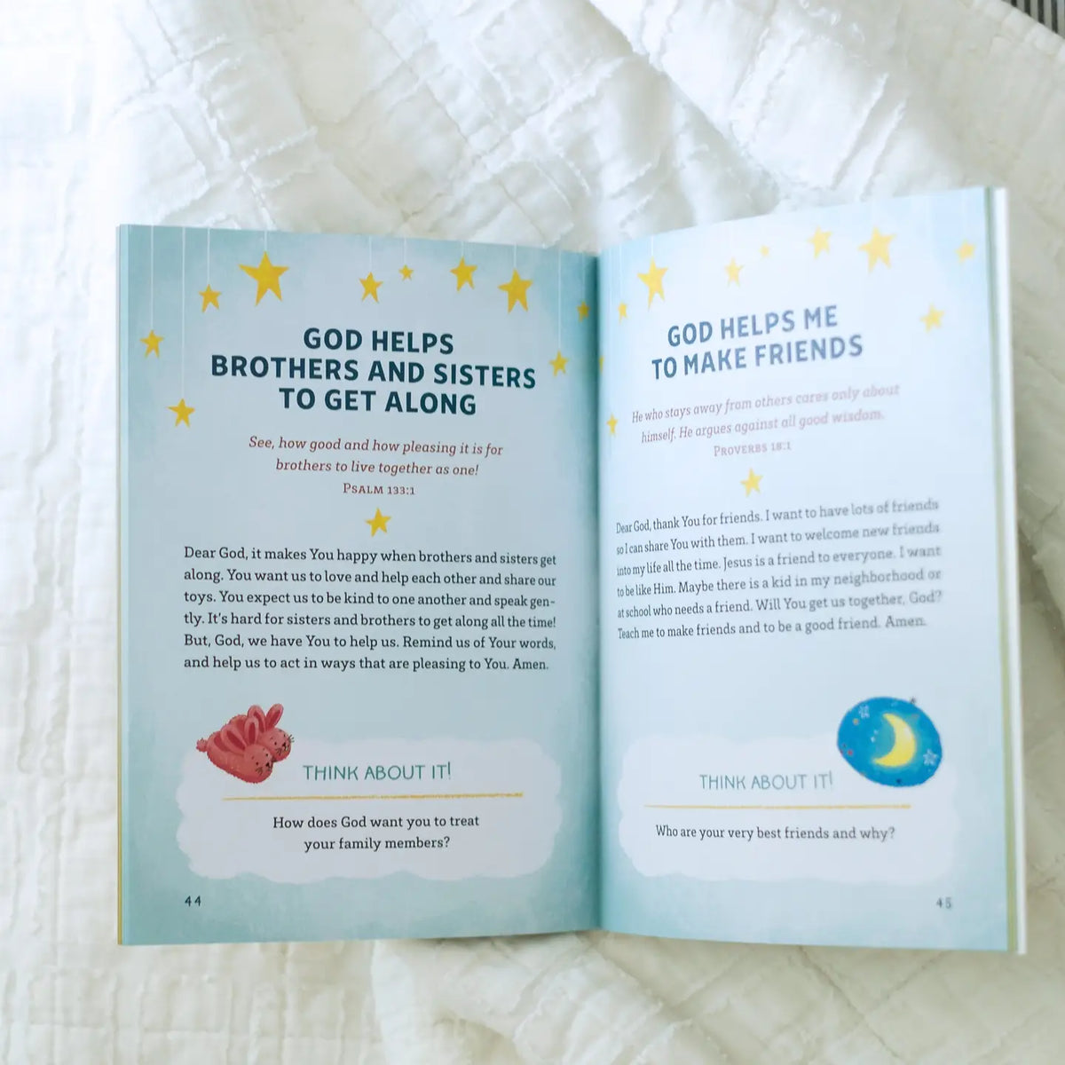 Pajama Prayers, open to pages about brothers, sisters and friends