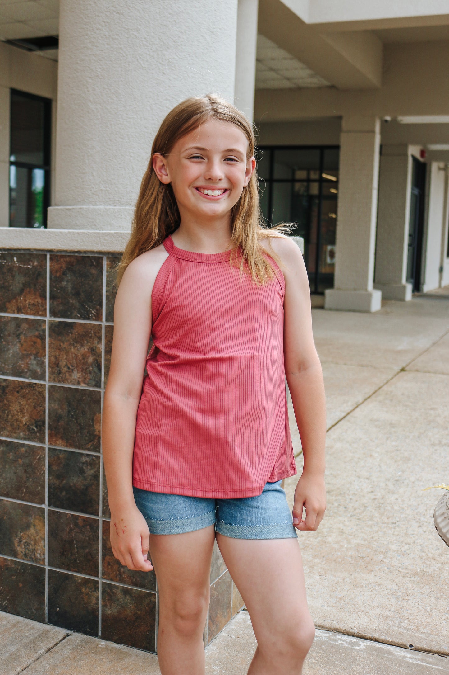 Girls Dark Blush Ribbed Tank