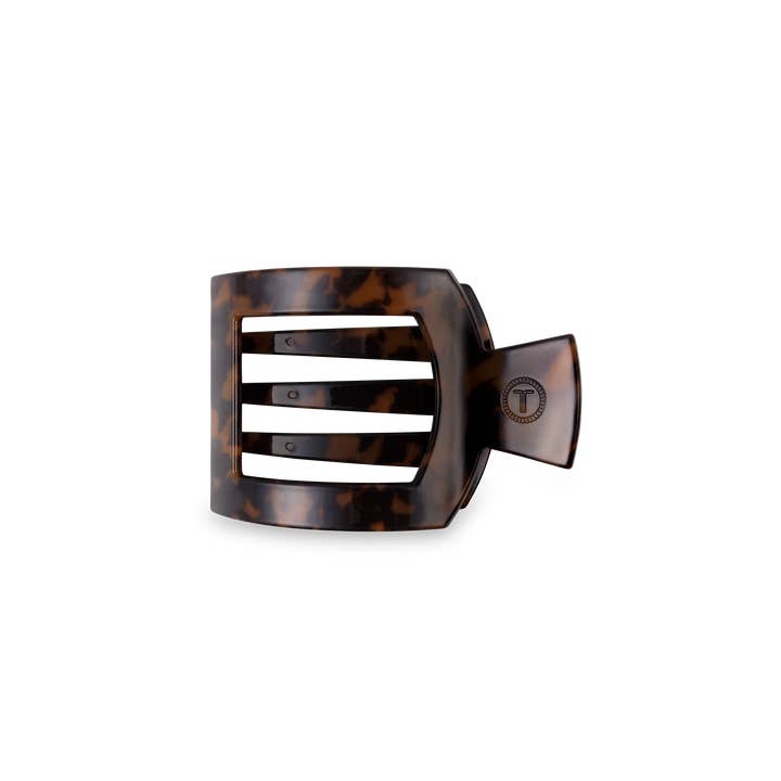 TELETIES Small Square Flat Hair Clip in tortoise, front view of the open slotted design