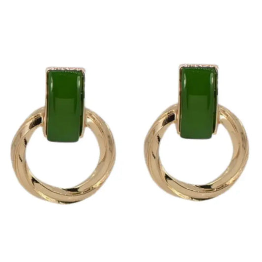 Round Metal Rectangle Stone Earring -2 Colors