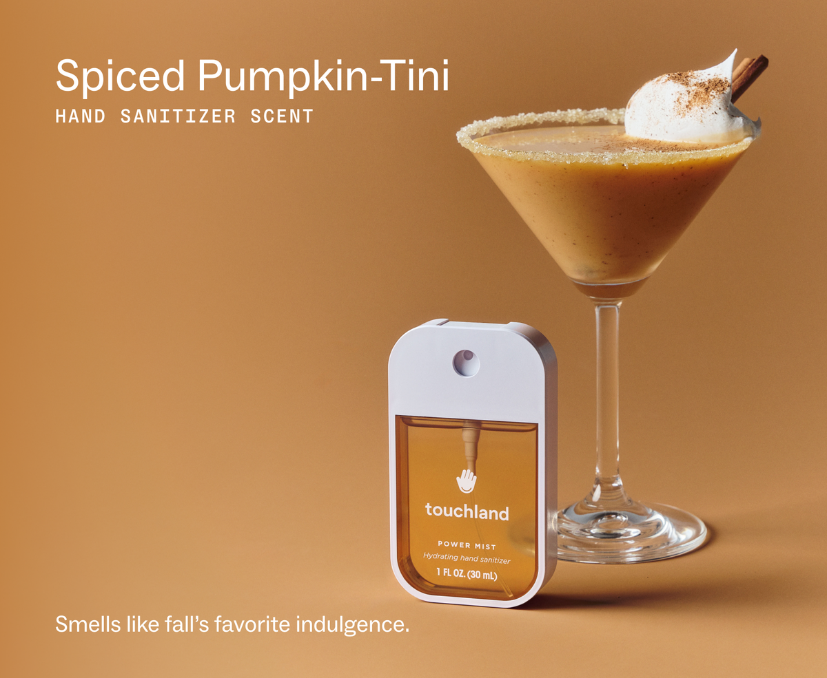 Touchland Spiced Pumpkin-Tini Power Mist beside a pumpkin martini, scent label graphic
