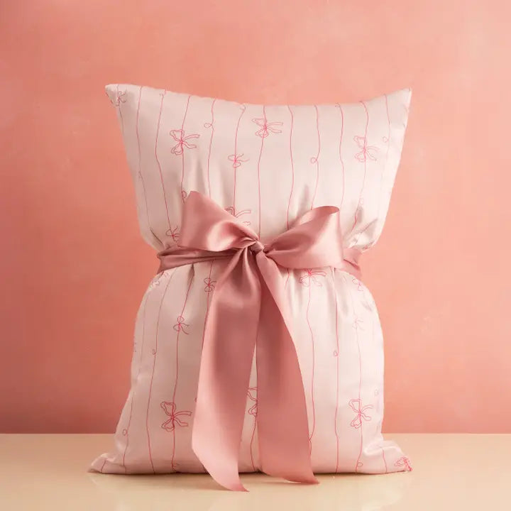 Holiday Satin Pillowcase in Striped Bows
