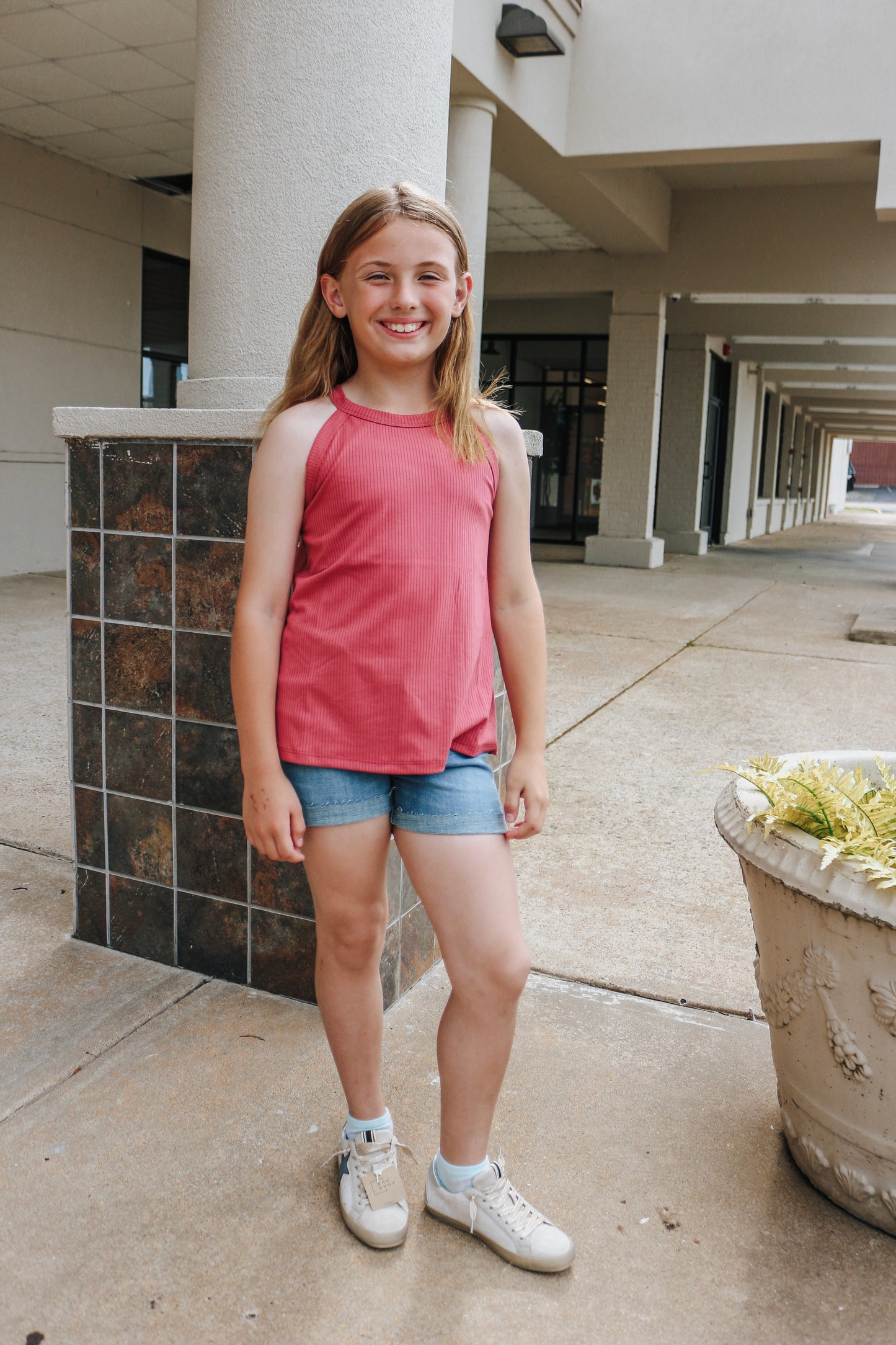 Girls Dark Blush Ribbed Tank