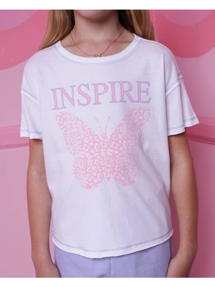 Inspire Leopard Print Butterfly Girls White Graphic Tee