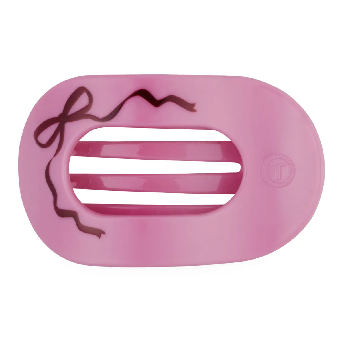 Teleties Just Add A Bow Large Flat Round Hair Clip, pink with bow print, front view