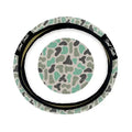 Grey and white camo print steering wheel cover with black trim