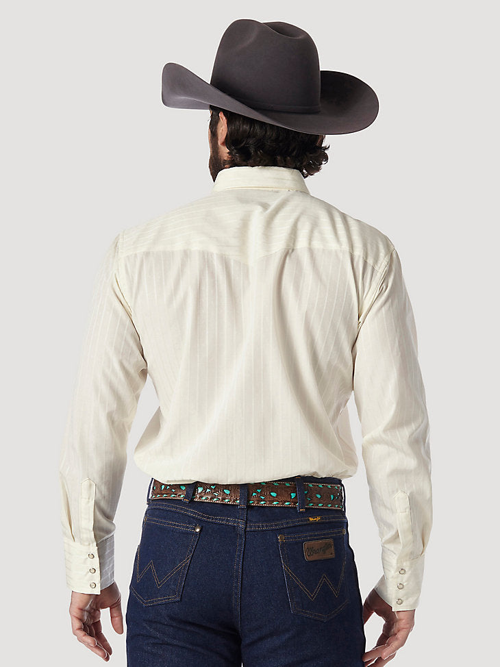 Wrangler Western Long Sleeve Snap Dobby Stripe Shirt- Light Tan