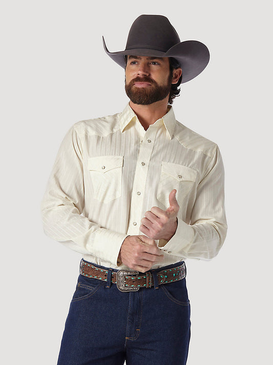 Wrangler Western Long Sleeve Snap Dobby Stripe Shirt- Light Tan