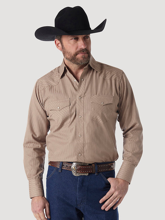 Wrangler Western Long Sleeve Western Snap Dobby Stripe Shirt in Tan