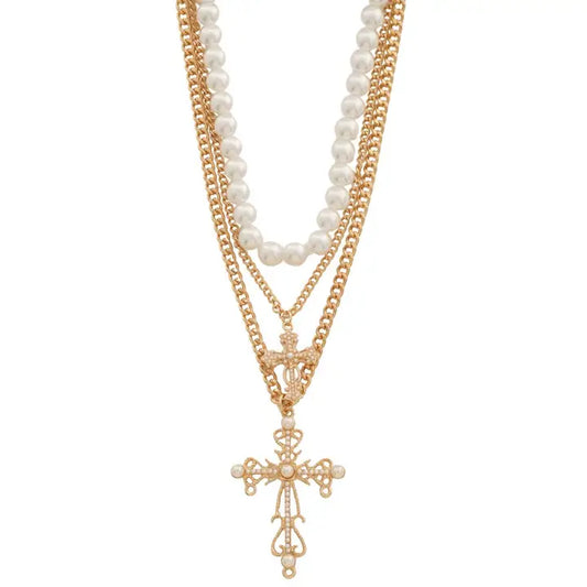 Cross Pendant Pearl Bead Layered Necklace
