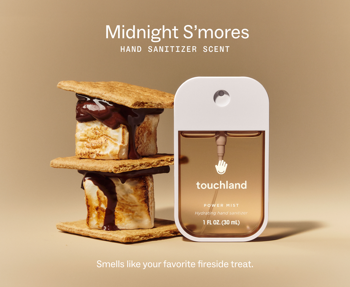 Touchland Midnight S'mores Power Mist beside a stacked s'more, scent label graphic